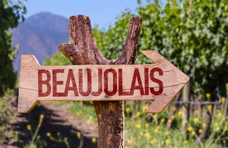 Wooden sign board in park with text: Beaujolaisの写真素材