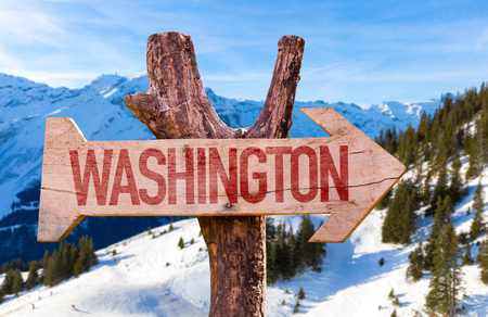 Washington wooden sign with winter backgroundの写真素材