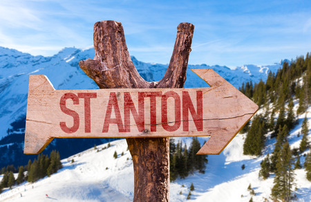 St Anton wooden sign with winter backgroundの写真素材