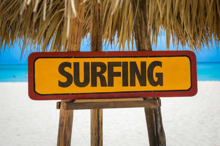 Surfing sign with beach backgroundの写真素材
