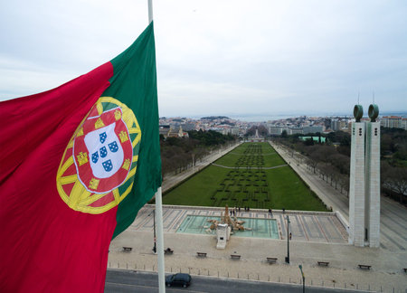 Portuguese flag on Edward VII Park in Lisbon, Portugalの写真素材