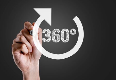 Hand holding a marker with 360 conceptの写真素材