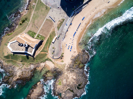 Aerial view of Barra Lighthouse and Salvador cityscape, Bahia, Brazil