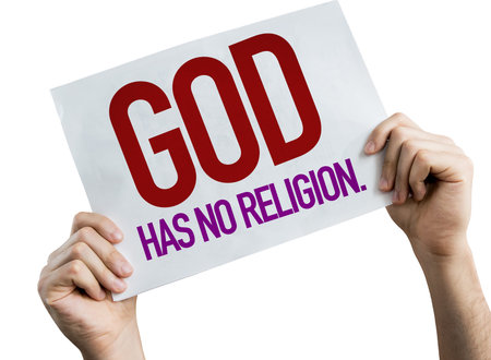 Hands holding God Has No Religion placard with white background