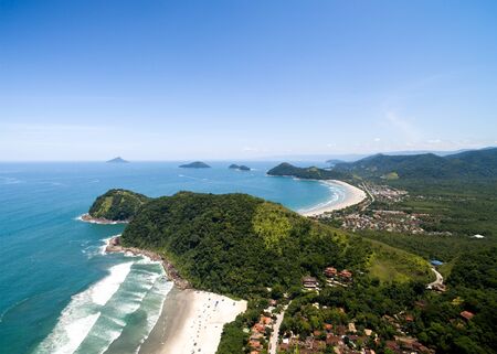 Aerial view of Camburi and Baleia Beach, Sao Paulo, Brazilï»¿の写真素材