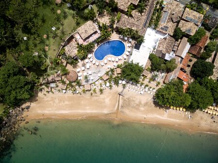 Top view of The Praia do Curral (Curral Beach) in Ilhabela, Sao Paulo, Brazilの写真素材