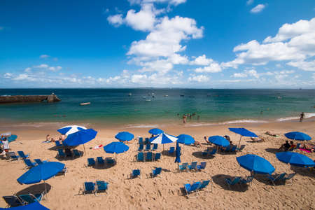 tropical beach with blue sun umbrellas - Summer Concept.の写真素材