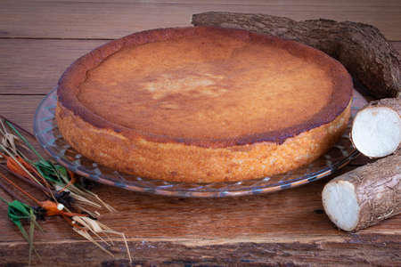 Cassava cake with white background. Wooden backgroundの写真素材