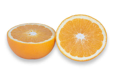 Ripe orange isolated on white background cut into pieces. Cut Path. Copy spaceの写真素材