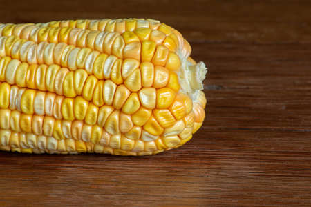 Corn cob on dark wooden rustic background. Detail texture. Macroの写真素材