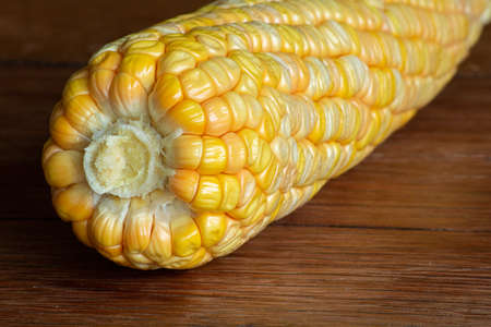 Corn cob on dark wooden rustic background. Detail texture. Macroの写真素材