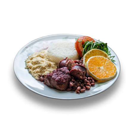 Feijoada. Traditional Brazilian food. Food plate isolated on white backgroundの写真素材