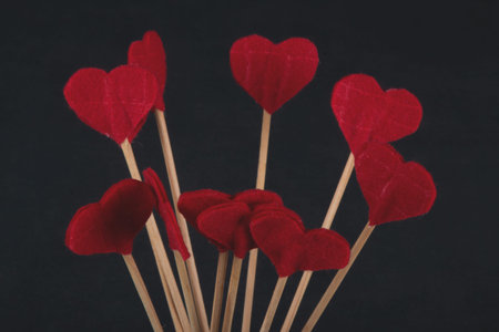 Valentine's day background with red heart and gray backgroundの写真素材