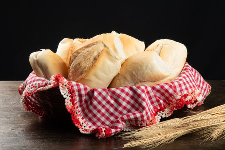 French breads in basket with black background.