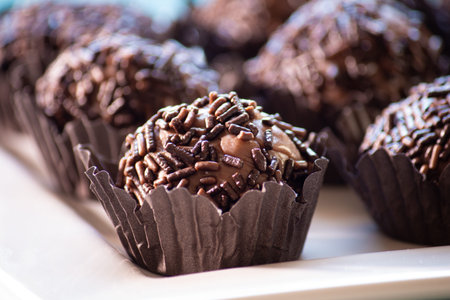 Brazilian traditional sweet brigadeiro close up view.