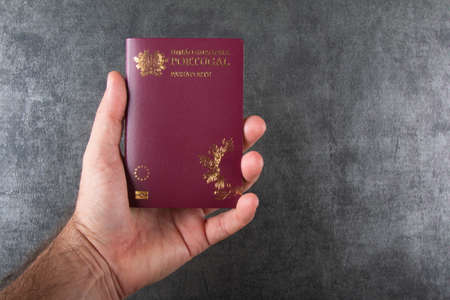 Hand holding Portuguese passport with gray background.の写真素材
