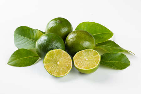Ripe green lemon fruit on white background.の写真素材