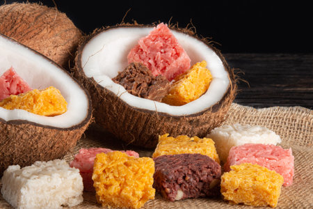 Coconut candy, sweet Brazilian in rustic wood background.