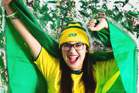 Brazilian fan young woman celebrating Brazil victory. illustration.の写真素材