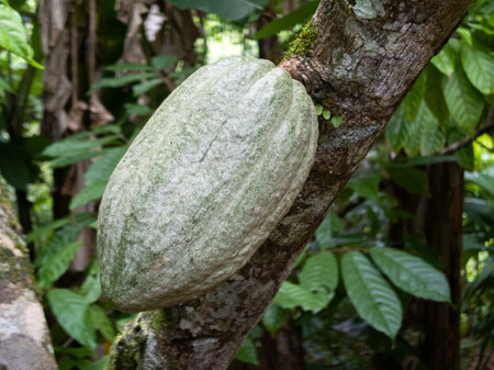 Cocoa farm in Southern Bahia Brazil. Green fruit on the cocoa tree.の写真素材