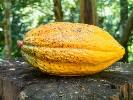 Yellow cocoa fruit isolated. brazilian tropical fruit.の写真素材