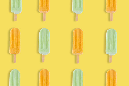 Colorful summer pattern. Mango and lemon on a yellow background.の写真素材
