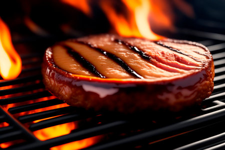 close-up of juicy steak on grill. Generative AI.の素材