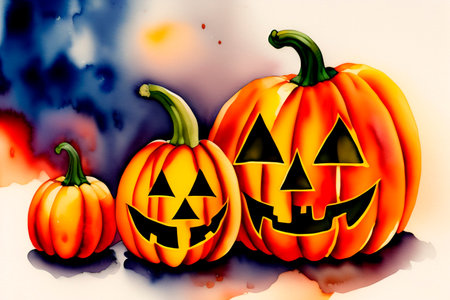 Traditional halloween party backdrop. Halloween wallpaper with evil pumpkin. Watercolor. Generative AI.の素材