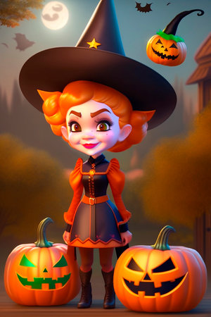 Traditional halloween party backdrop. Little witch. Generative AI.の素材