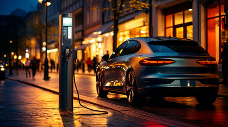 EV car or electric vehicle on charging station with power supply. Eco-friendly sustainable energy concept. Hybrid car. Generative AI.の素材