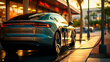 EV car or electric vehicle on charging station with power supply. Eco-friendly sustainable energy concept. Hybrid car. Generative AI.の素材