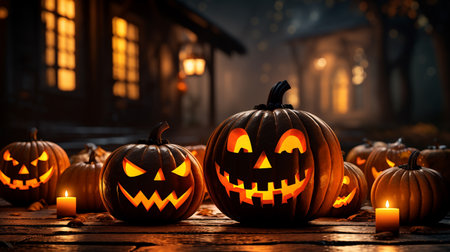 Traditional halloween party backdrop. Halloween wallpaper with evil pumpkin. Generative AI.の素材