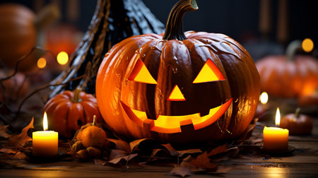 Traditional halloween party backdrop. Halloween wallpaper with evil pumpkin. Generative AI.の素材