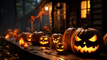 Traditional halloween party backdrop. Halloween wallpaper with evil pumpkin. Generative AI.の素材