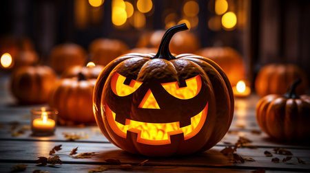 Traditional halloween party backdrop. Halloween wallpaper with evil pumpkin. Generative AI.の素材