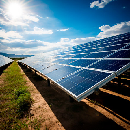 photovoltaic farm. Renewable energy from sunlight. Photovoltaic panels set. Generative AI.の素材