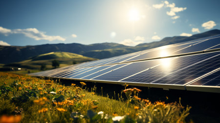 photovoltaic farm. Renewable energy from sunlight. Photovoltaic panels set. Generative AI.の素材