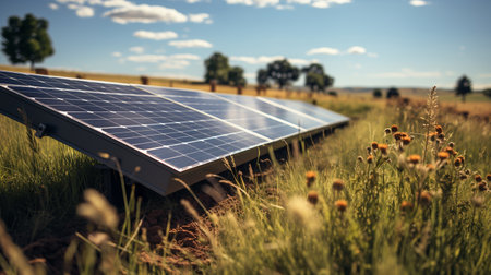 photovoltaic farm. Renewable energy from sunlight. Photovoltaic panels set. Generative AI.の素材