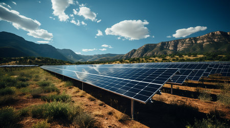 photovoltaic farm. Renewable energy from sunlight. Photovoltaic panels set. Generative AI.の素材