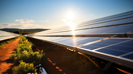 photovoltaic farm. Renewable energy from sunlight. Photovoltaic panels set. Generative AI.の素材