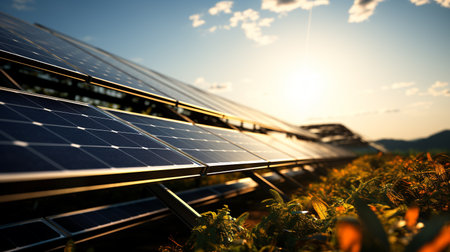 photovoltaic farm. Renewable energy from sunlight. Photovoltaic panels set. Generative AI.の素材