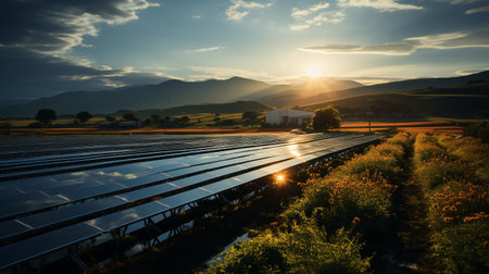 photovoltaic farm. Renewable energy from sunlight. Photovoltaic panels set. Generative AI.の素材