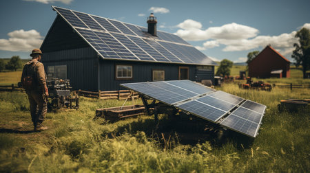 House with photovoltaic energy. Renewable energy from sunlight. Set of photovoltaic panels. generative AI.の素材