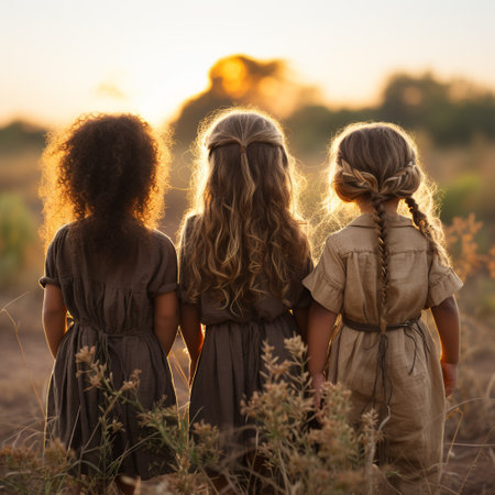 Three children stands with her back to the camera walk in a picturesque Park amongst flower gardens at sunset. Generative AI.の素材