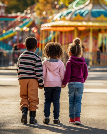 Three children with their backs to the camera looking at an amusement park. Generative AI.の素材