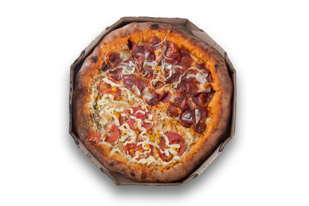 Pepperoni pizza and chicken with catupiri. White background.の写真素材