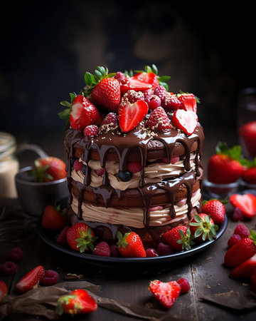 Delicious chocolate cake with frosting and strawberries. Generative AI.の素材