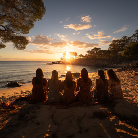 Group of happy friends chatting in front of the sunset with their backs to the camera. Travel, people, leisure and teenager. tourism concept. Generative AI.の素材