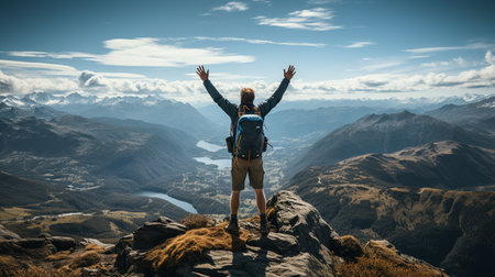 A man holds his arms open in success after hiking to the top of a mountain. Generative AI.の素材