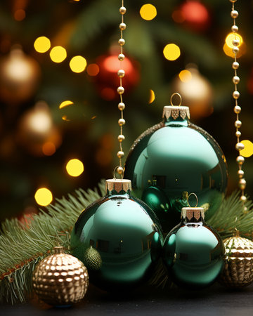 Christmas decoration with baubles and christmas tree and blurred lights in the background.の素材